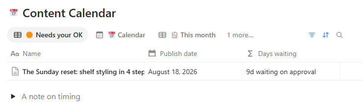 The live content calendar: Needs your OK view showing one post waiting 9 days on approval