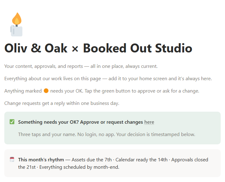 The client portal — calendar, approvals and monthly report on one page